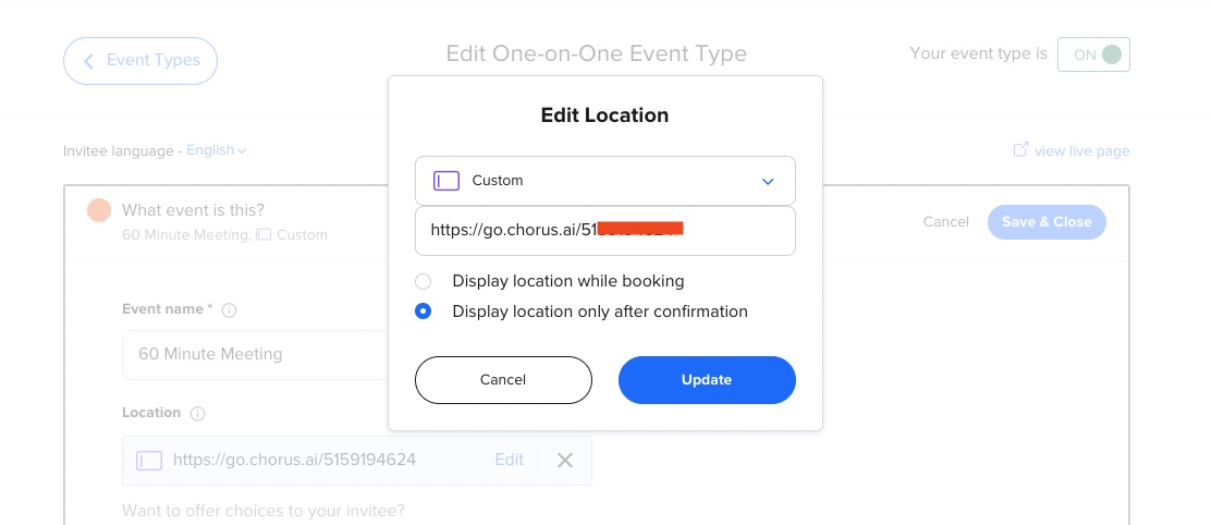 Calendly の場所に Chorus Go リンクを設定し、予約確認後に表示する画面