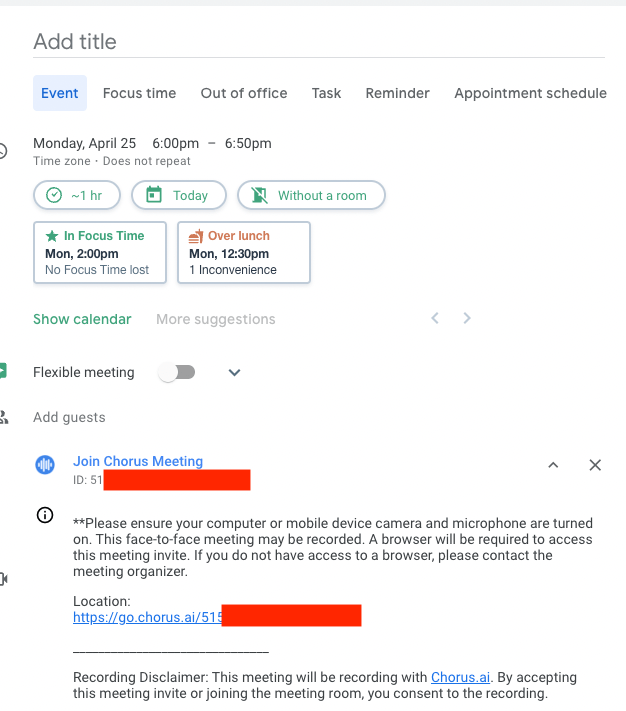 Google カレンダーのイベントに表示された Chorus Go の固定リンク