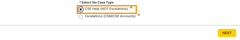 ケース種別で CSE Help と Escalations を選ぶ画面