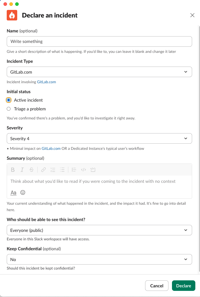 インシデント宣言の Slack ウィンドウ