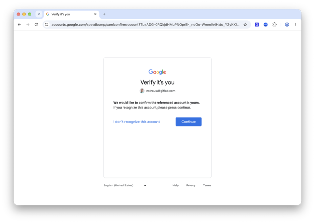 GitLab メールアドレスと続行ボタンが表示されている Google の本人確認画面