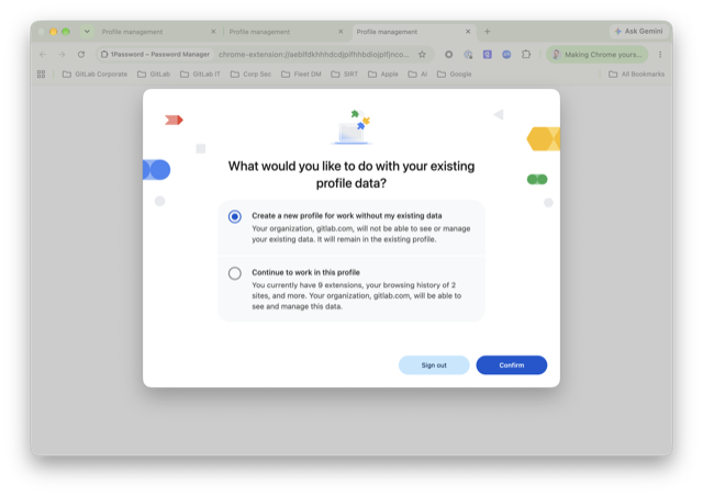 既存のプロファイルデータの扱いを確認する Chrome の画面で、既存のデータを含めずに仕事用の新しいプロファイルを作成が選択され、確認ボタンが表示されている