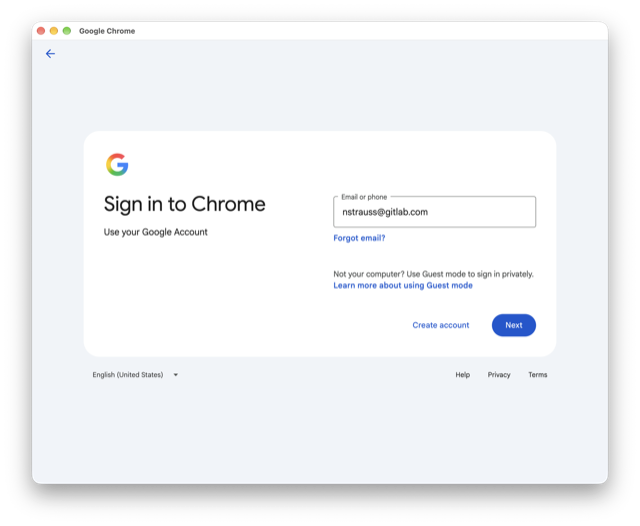 GitLab メールアドレスが入力され、次へボタンが表示されている Chrome にログインウィンドウ