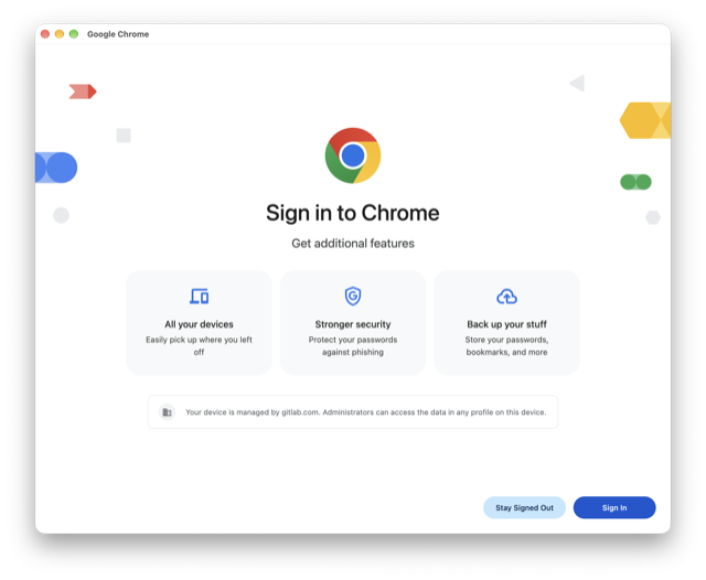 ログインせずに続行とログインのボタンがある Chrome にログインウィンドウ