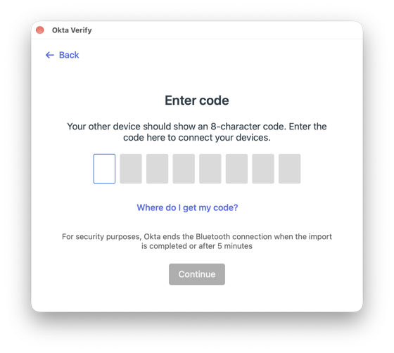 もう一方のデバイスのコードを入力する 8 つの欄と続けるボタンがある Okta Verify のコード入力画面