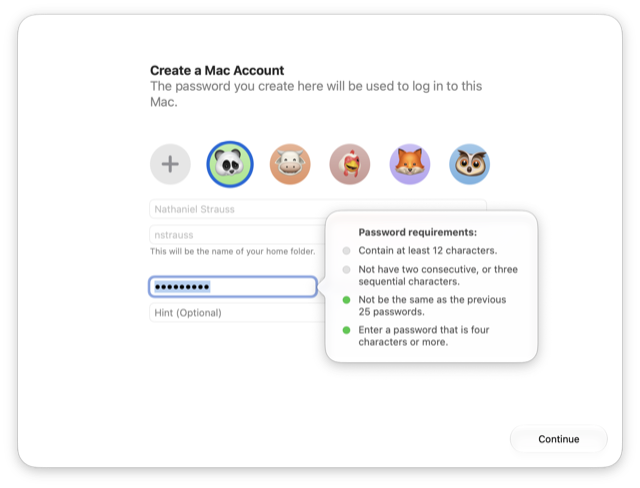氏名とユーザー名が自動入力され、12 文字以上などのパスワード要件が表示されている Mac アカウント作成画面
