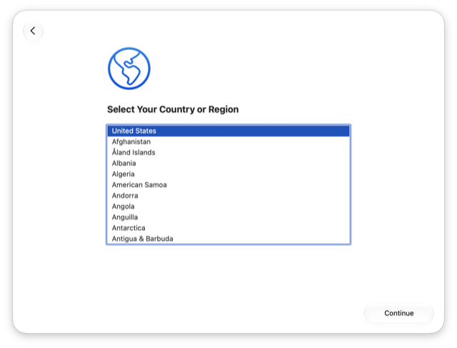 米国が選択され、続けるボタンが表示されている国または地域の選択画面