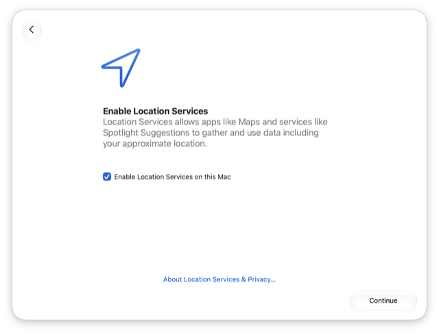 この Mac で位置情報サービスを有効にするがオンになっている位置情報サービスの有効化画面