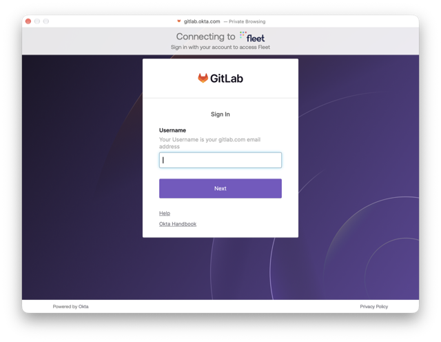 Fleet に接続というタイトルで、ユーザー名フィールドと次へボタンがある Okta サインインウィンドウ