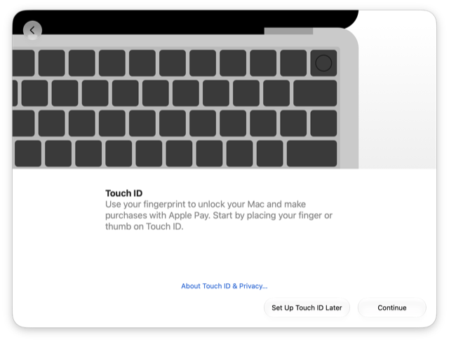 Touch ID をあとで設定と続けるボタンが表示されている Touch ID 画面
