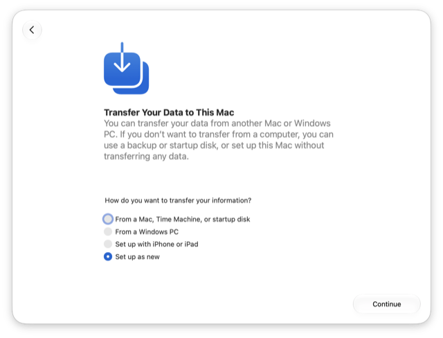 新規として設定が選択されている、この Mac にデータを転送画面