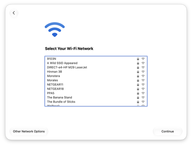 ネットワークの一覧と続けるボタンが表示されている Wi-Fi ネットワークの選択画面