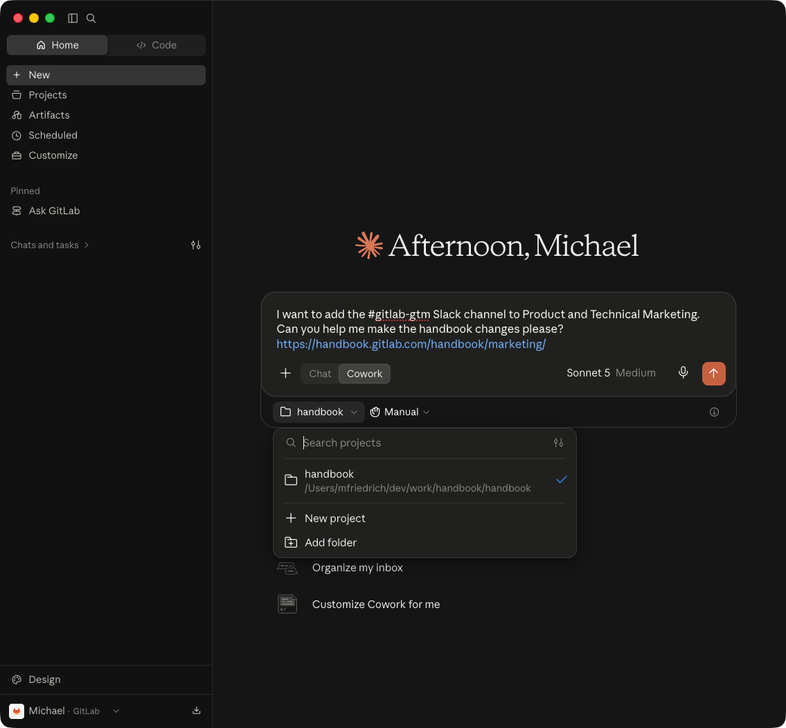 Claude for Desktop - ハンドブックのフォルダーを使った Cowork