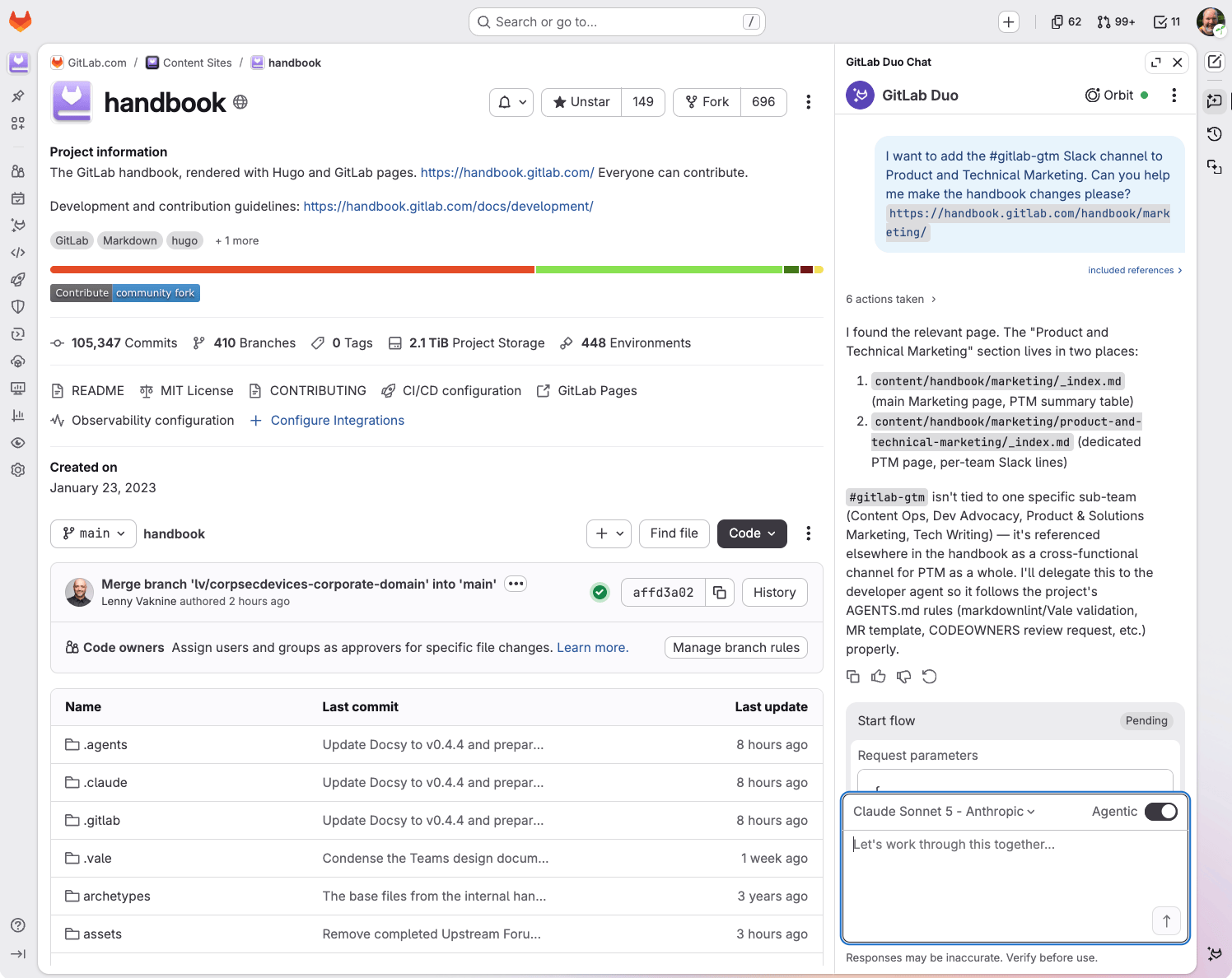 Agentic Chat と Developer Flow への引き継ぎが表示された GitLab UI のサイドパネル