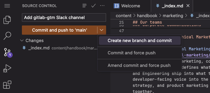Web IDE - Git ブランチを作成してコミットする