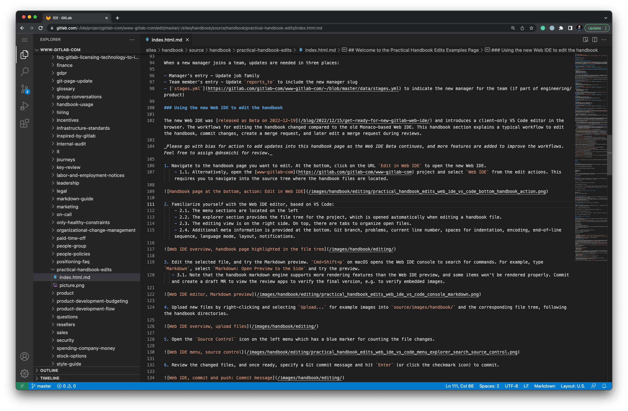 Web IDE の概要、ファイルツリーでハンドブックページがハイライトされている