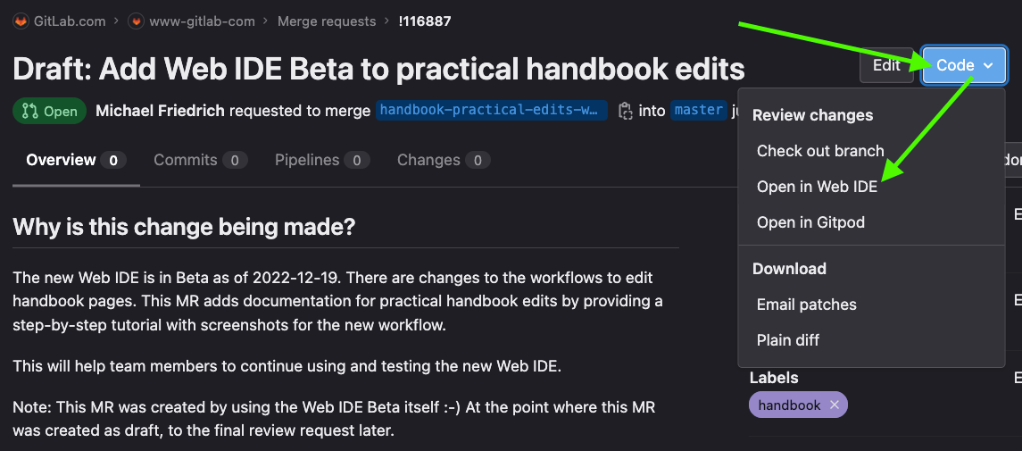 マージリクエスト、Web IDE で開く