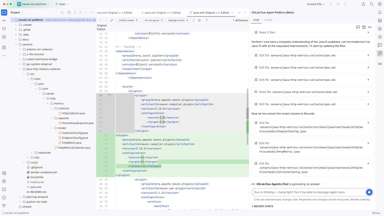 JetBrains IntelliJ IDEA、Duo Agentic Chat で Java 8 を 21 にモダナイズ、エディタはエージェント編集の差分ビューを表示。