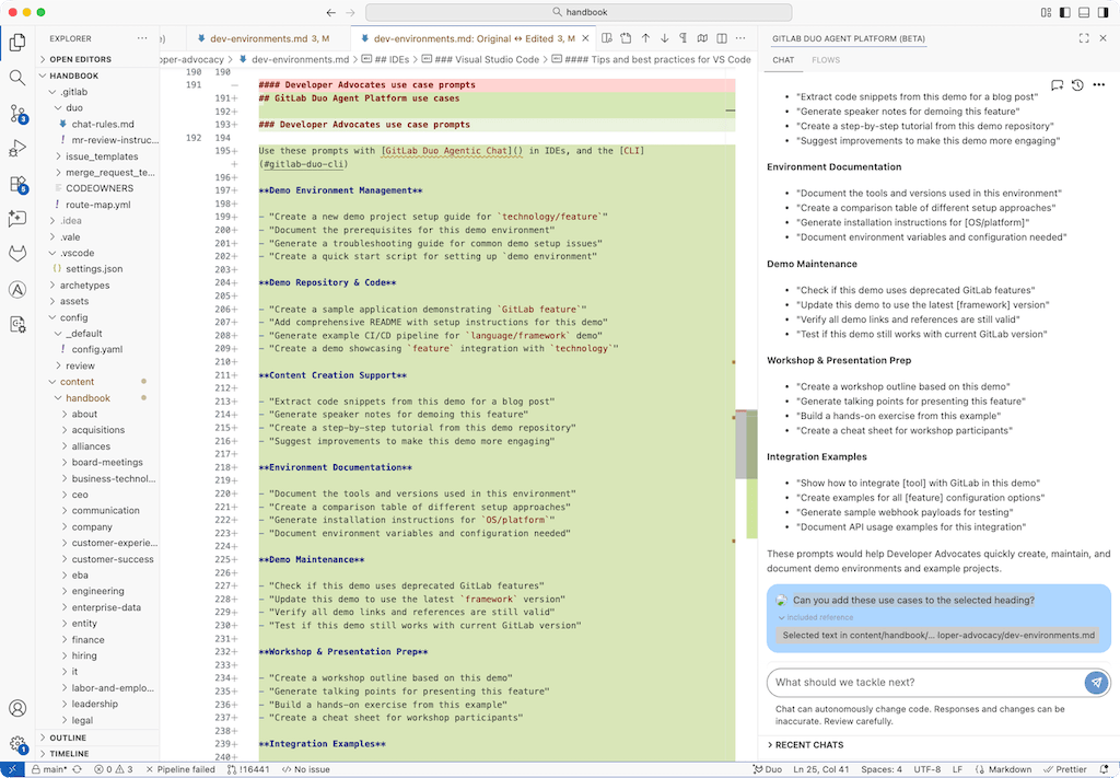 VS Code、ライトテーマ、右パネルに Duo Agentic Chat。エディタはエージェント編集後の差分ビューを表示。