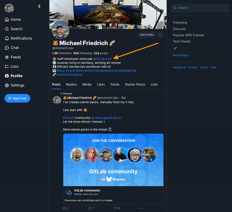 @dnsmichi の Bluesky プロフィール、@gitlab.com ブランドハンドル付き
