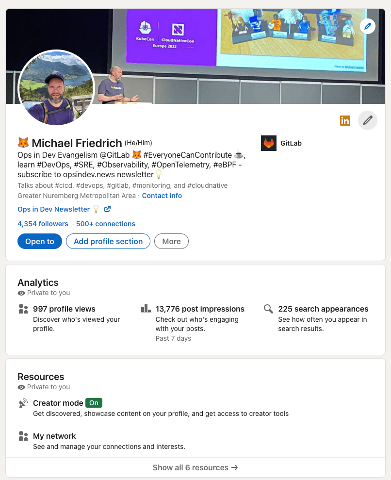 クリエイターモードを有効にした LinkedIn プロフィール: Michael Friedrich
