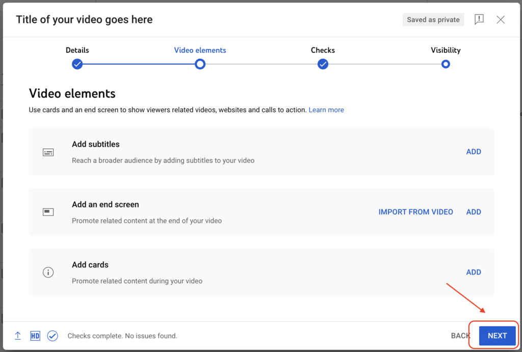 next button in the video elements tab
