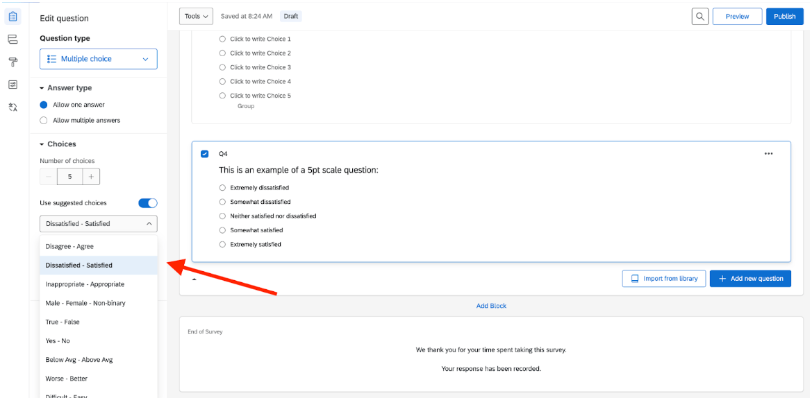 Qualtrics に組み込まれた選択可能な尺度を示すスクリーンショット