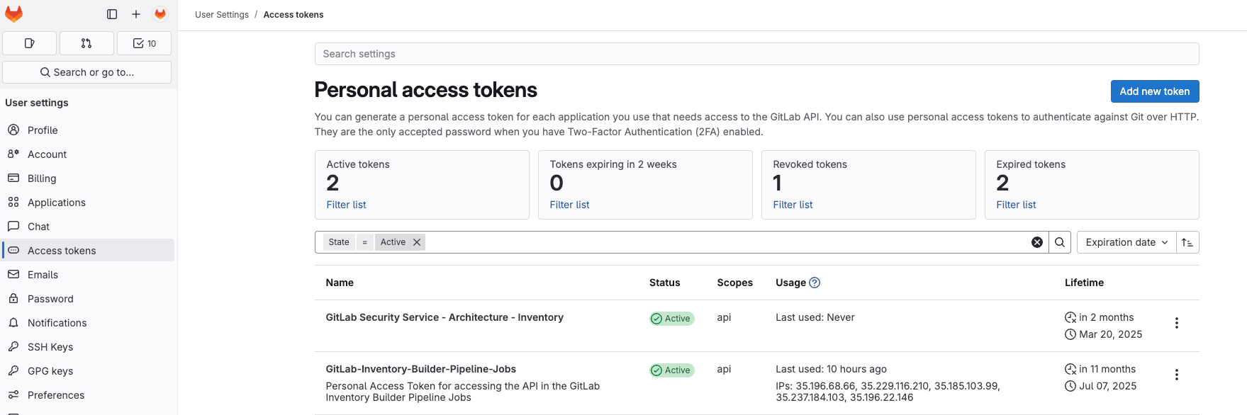 Service Account Access Token Page