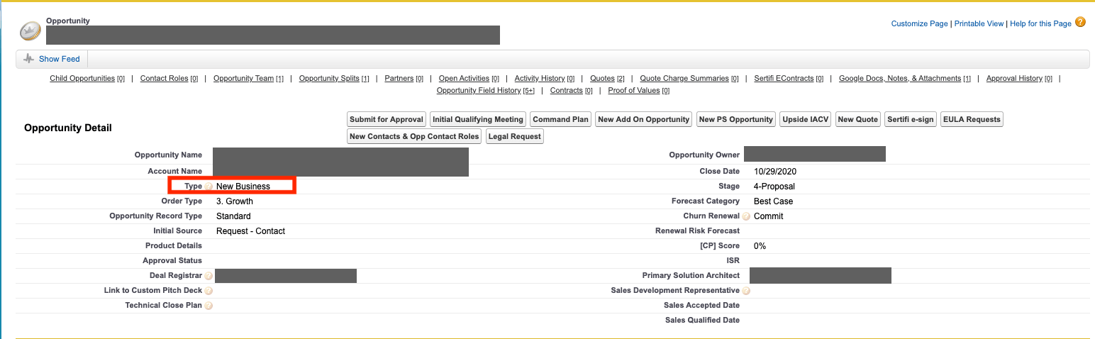 Salesforce のスクリーンショット。Opportunity Details の “type” フィールドが強調表示されています。