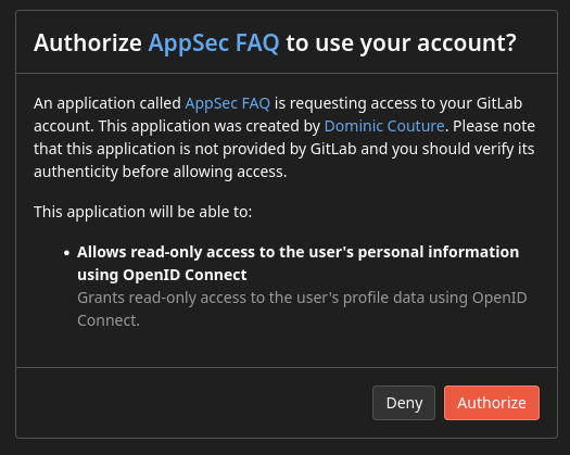プロフィールスコープでの OAuth 認可画面