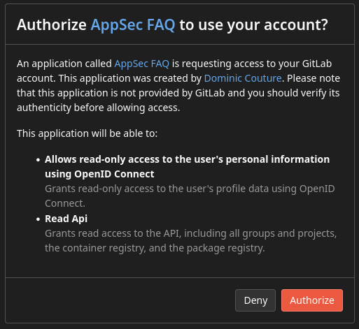 プロフィールおよび read_api スコープでの OAuth 認可画面